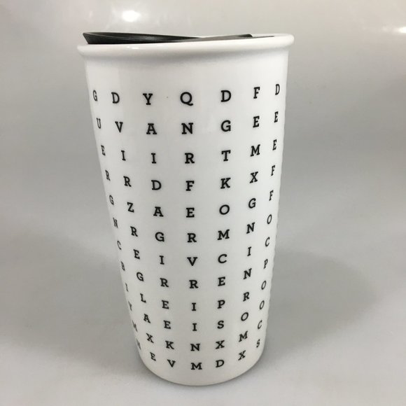 Starbucks White Word Search Alphabet Crossword Ceramic Mug Traveler 12 oz 2016 - Picture 2 of 7